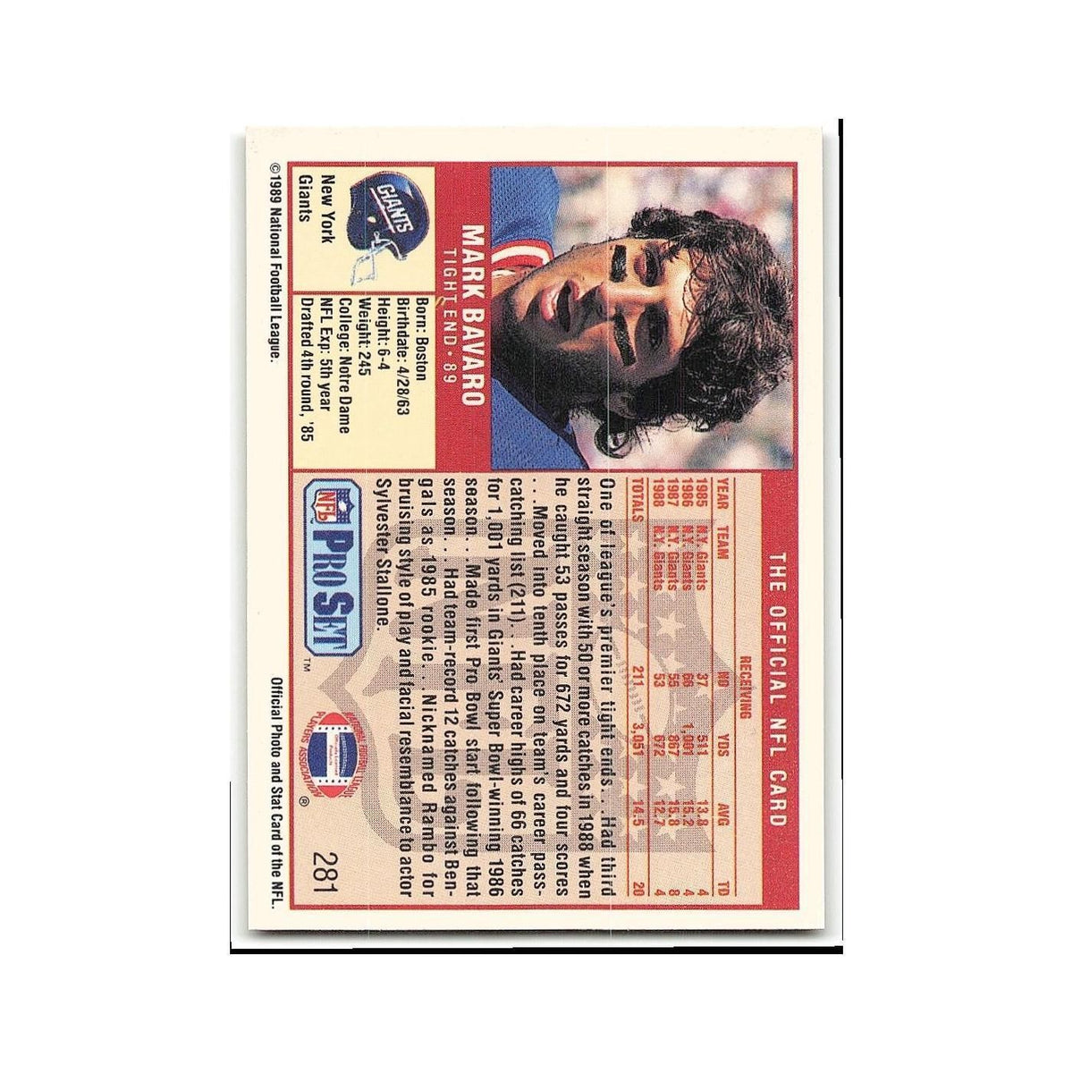 Mark Bavaro 1989 Pro Set #281 New York Giants Football Card NM