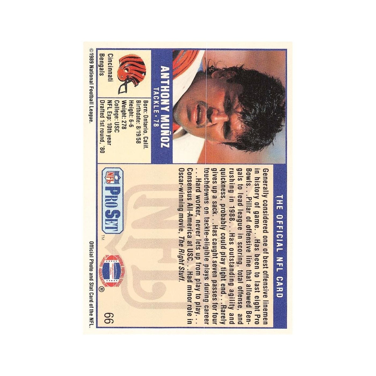 Anthony Munoz 1989 Pro Set #66 Cincinnati Bengals Football Card NM