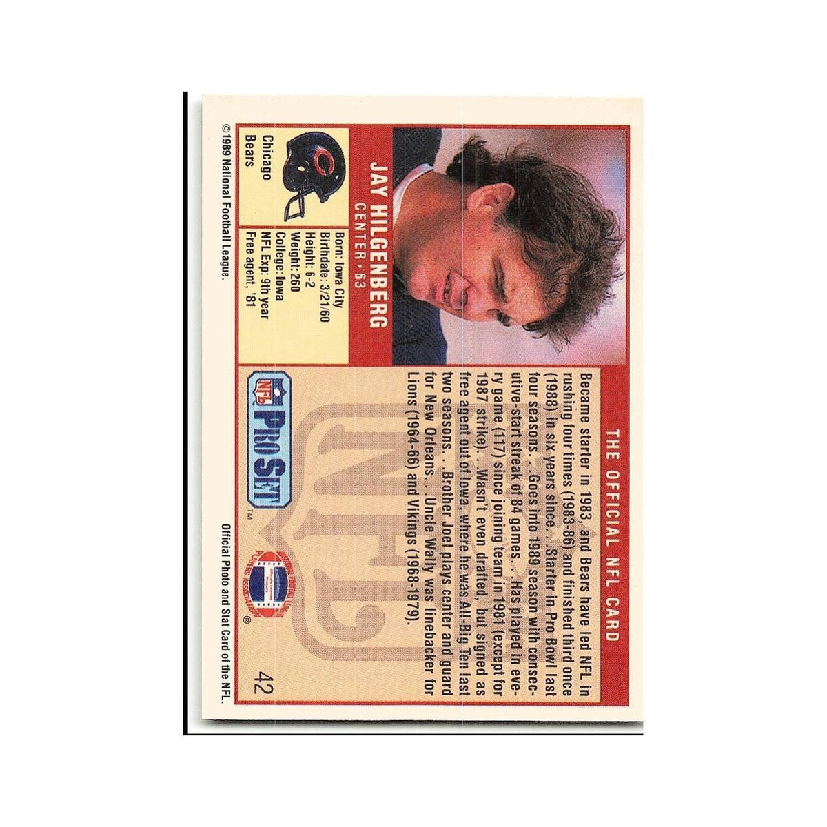 Jay Hilgenberg 1989 Pro Set #42 Chicago Bears Football Card NM