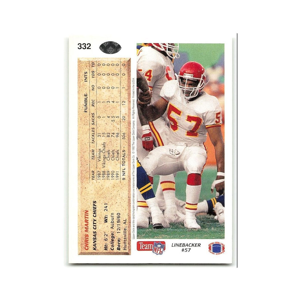 Chris Martin 1992 Upper Deck #332 Kansas City Chiefs Football Card NM