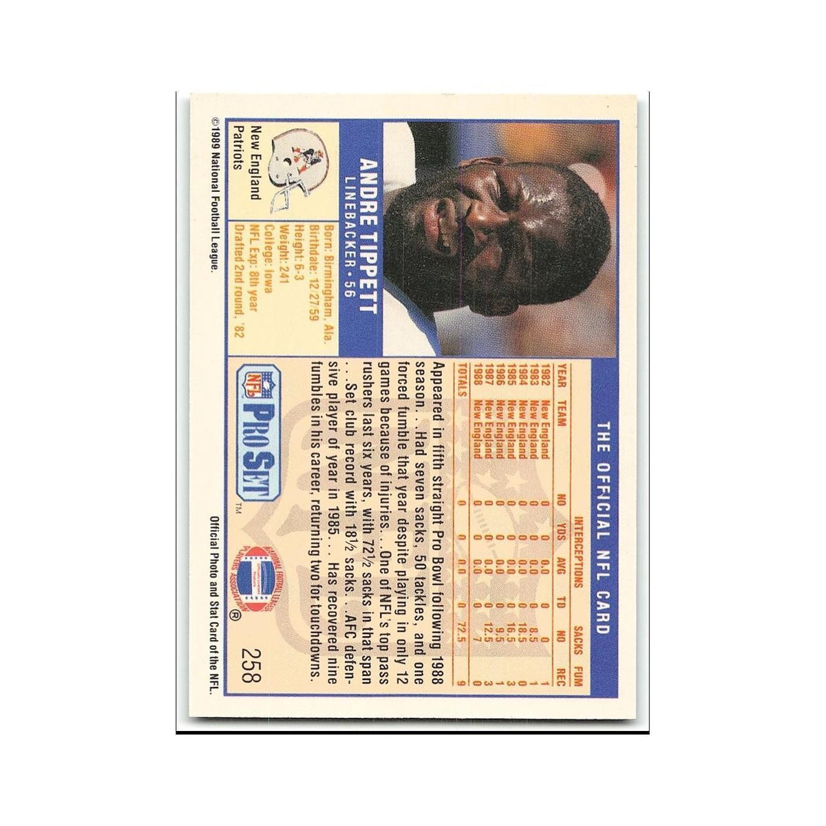 Andre Tippett 1989 Pro Set #258 New England Patriots Football Card NM