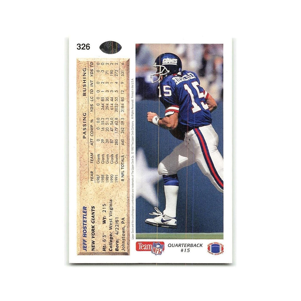 Jeff Hostetler 1992 Upper Deck #326 New York Giants Football Card NM