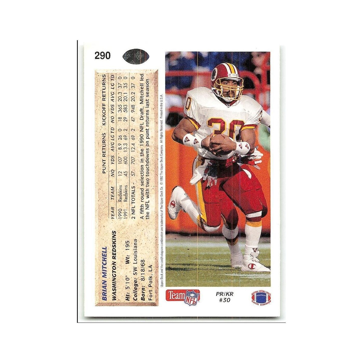 Brian Mitchell 1992 Upper Deck #290 Washington Redskins Football Card NM