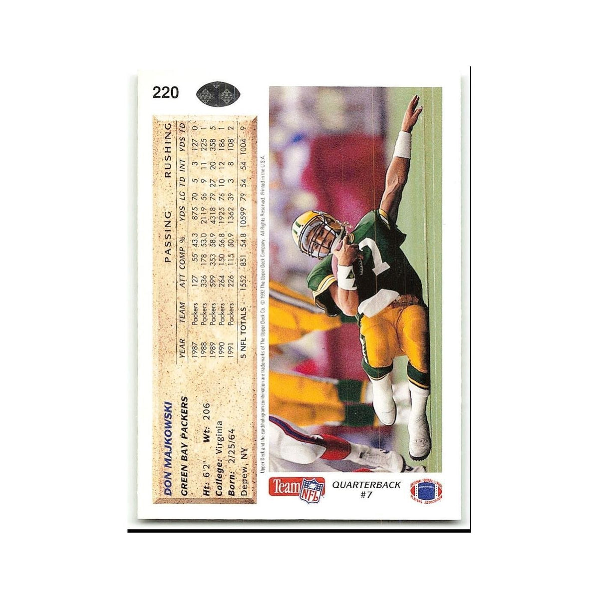 Don Majkowski 1992 Upper Deck #220 Green Bay Packers Football Card NM