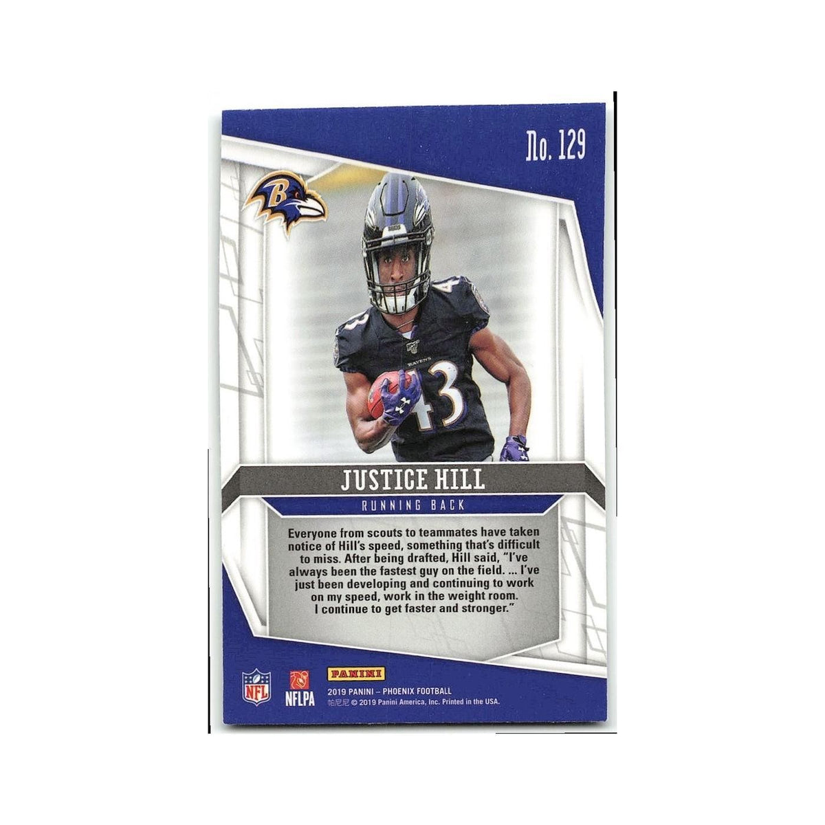 Justice Hill Rookie 2019 Panini Phoenix #129 Baltimore Ravens Football Card NM