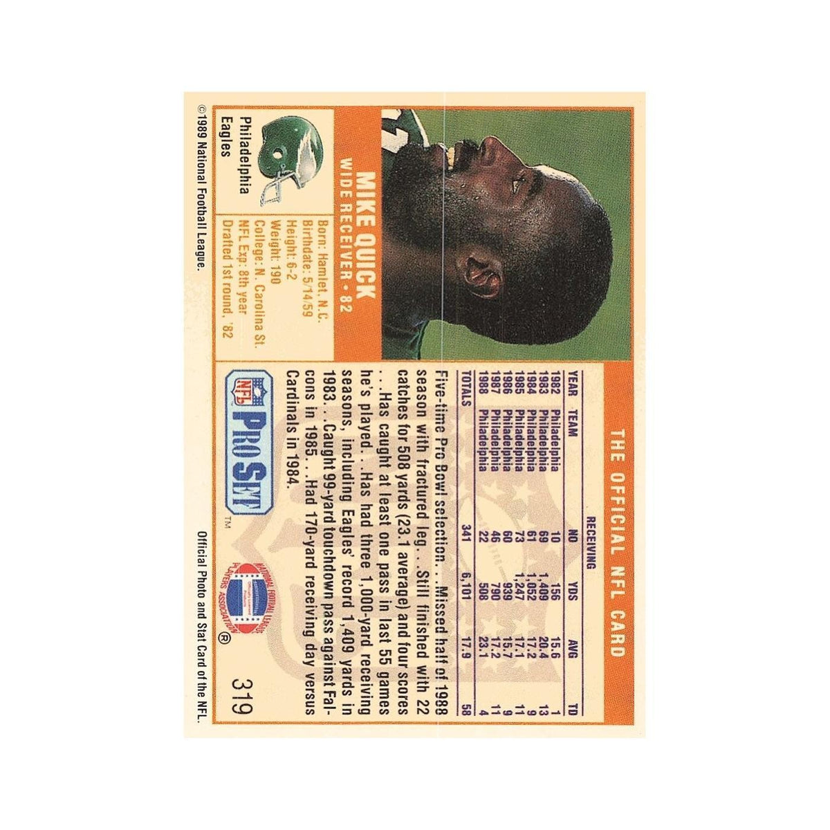 Mike Quick 1989 Pro Set #319 Philadelphia Eagles Football Card NM