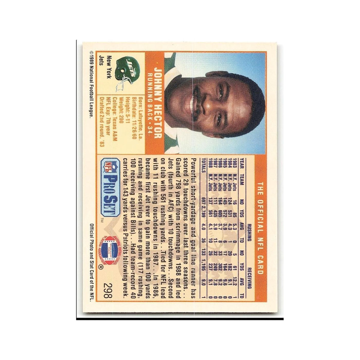Johnny Hector 1989 Pro Set #298 New York Jets Football Card NM