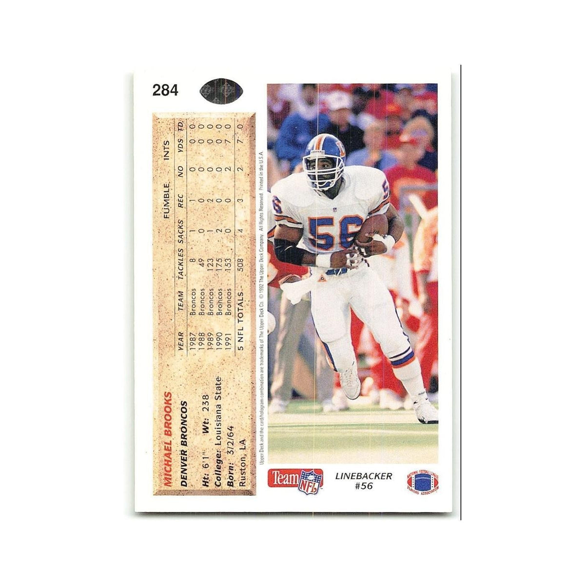 Michael Brooks 1992 Upper Deck #284 Denver Broncos Football Card NM