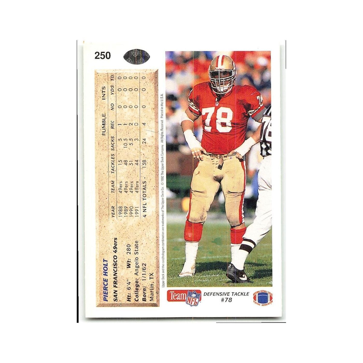 Pierce Holt 1992 Upper Deck #250 San Francisco 49ers Football Card NM