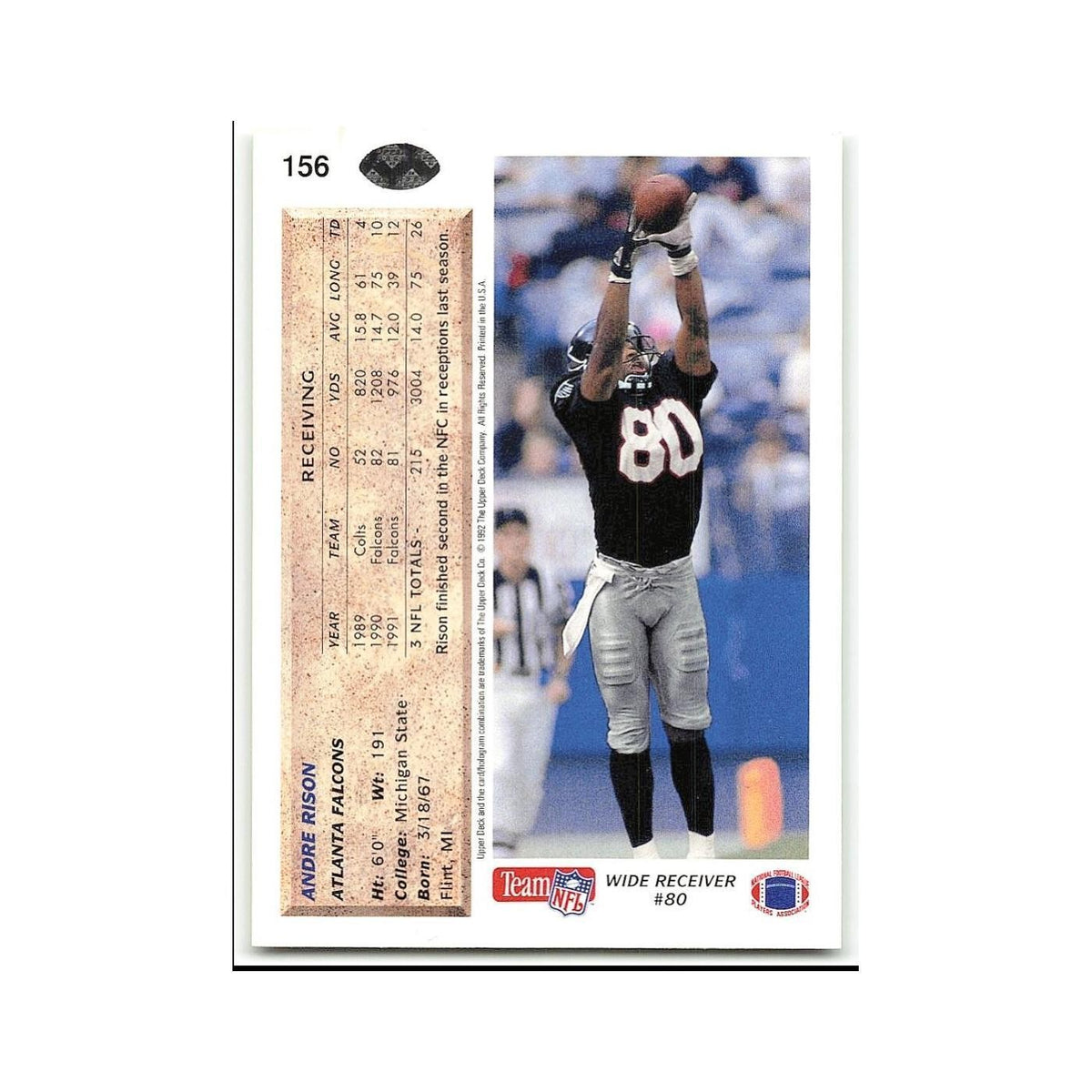 Andre Rison 1992 Upper Deck #156 Atlanta Falcons Football Card NM