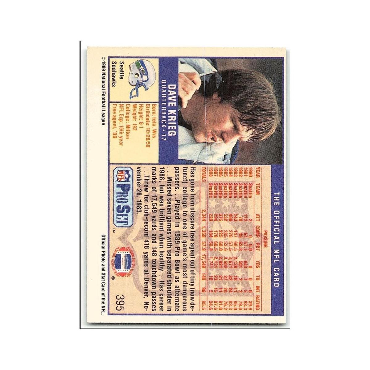Dave Krieg 1989 Pro Set #395 Seattle Seahawks Football Card NM