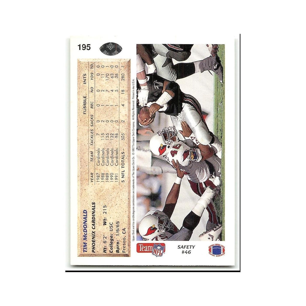 Tim McDonald 1992 Upper Deck #195 Phoenix Cardinals Football Card NM