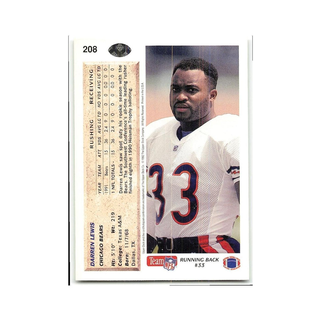 Darren Lewis 1992 Upper Deck #208 Chicago Bears Football Card NM