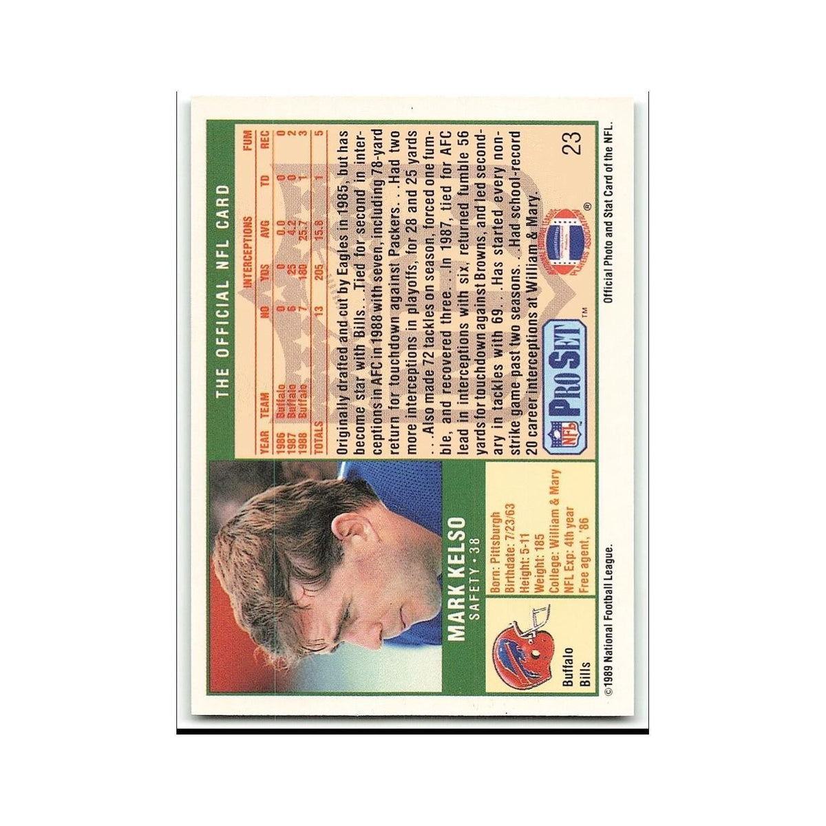 Mark Kelso 1989 Pro Set #23 Buffalo Bills Football Card NM