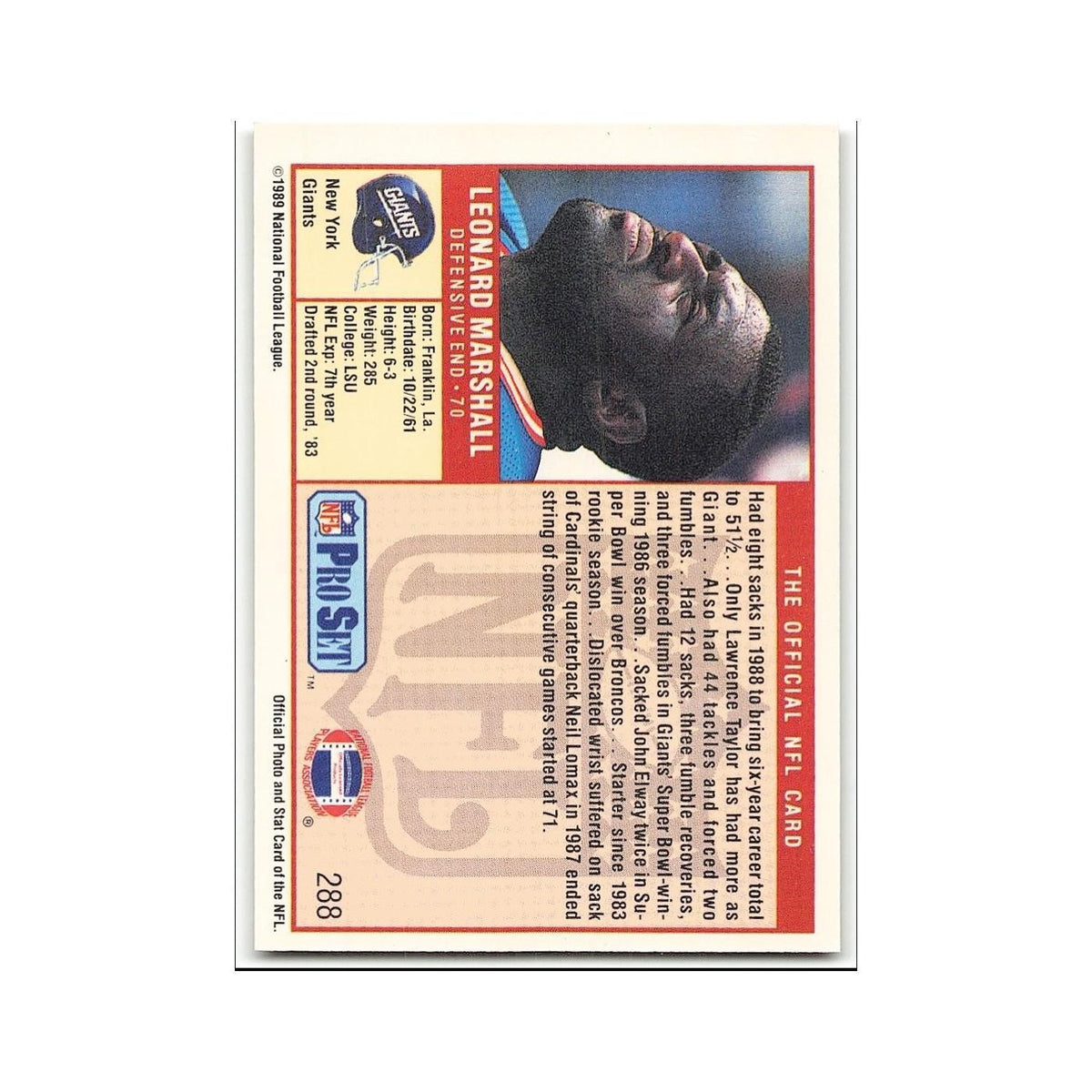 Leonard Marshall 1989 Pro Set #288 New York Giants Football Card NM