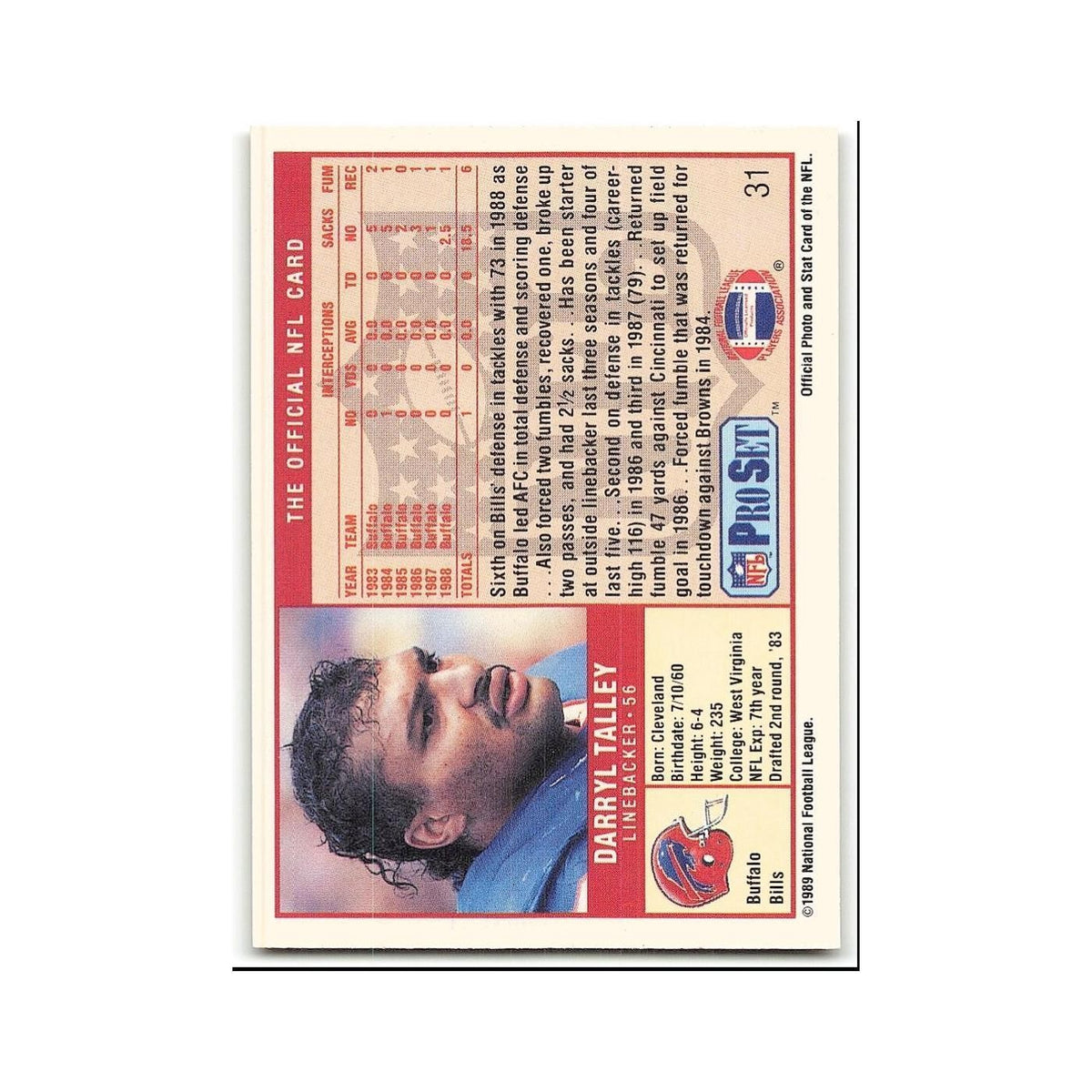Darryl Talley 1989 Pro Set #31 Buffalo Bills Football Card NM