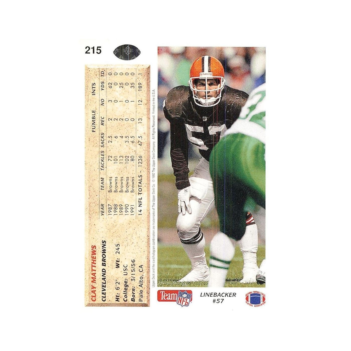 Clay Matthews 1992 Upper Deck #215 Cleveland Browns Football Card NM