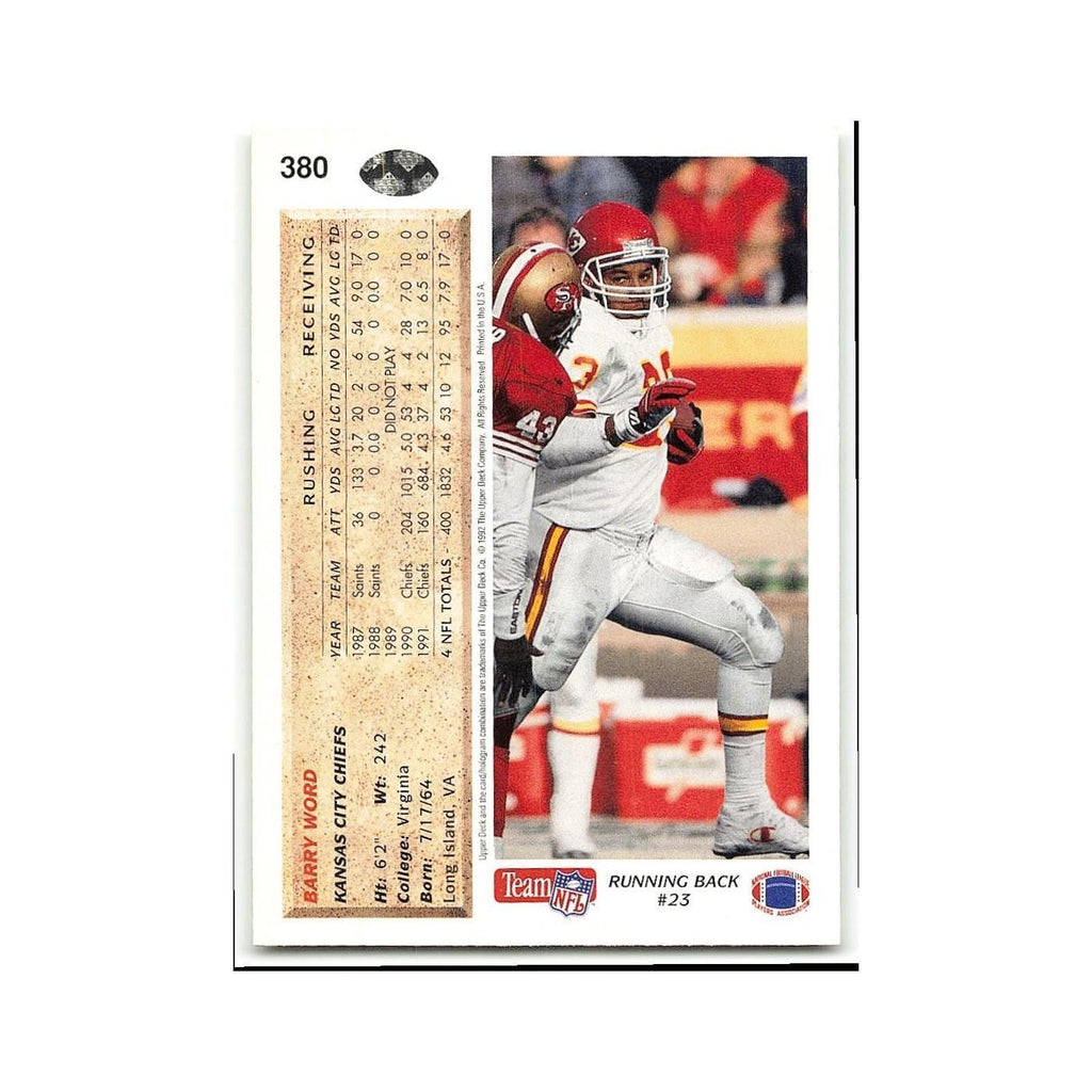 Barry Word 1992 Upper Deck #380 Kansas City Chiefs Football Card NM