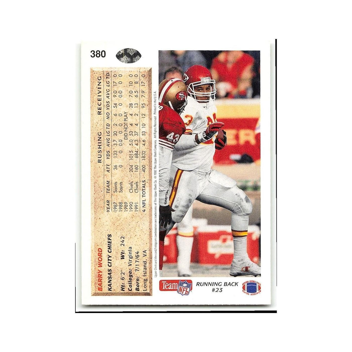Barry Word 1992 Upper Deck #380 Kansas City Chiefs Football Card NM