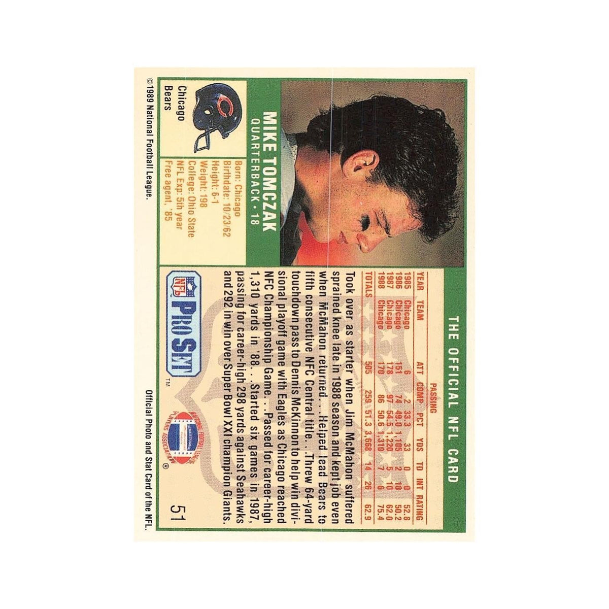 Mike Tomczak 1989 Pro Set #51 Chicago Bears Football Card NM