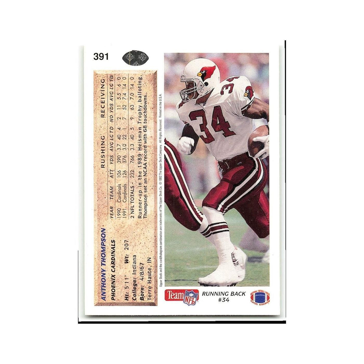Anthony Thompson 1992 Upper Deck #391 Phoenix Cardinals Football Card NM