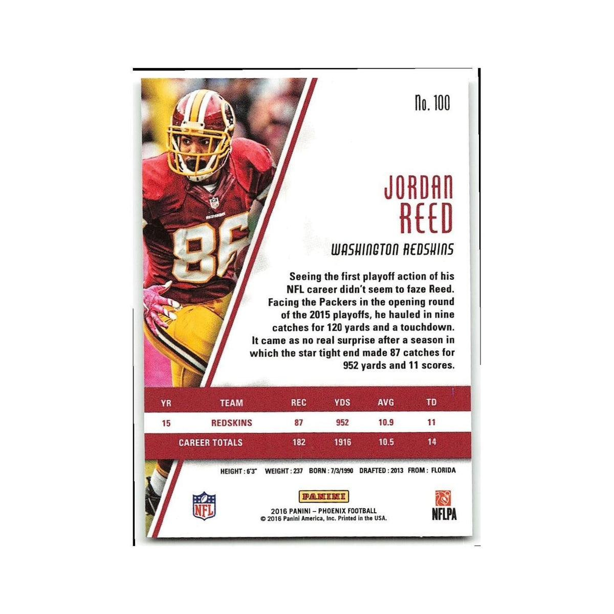 Jordan Reed 2016 Panini Phoenix Pink #100 Washington Redskins Football Card NM