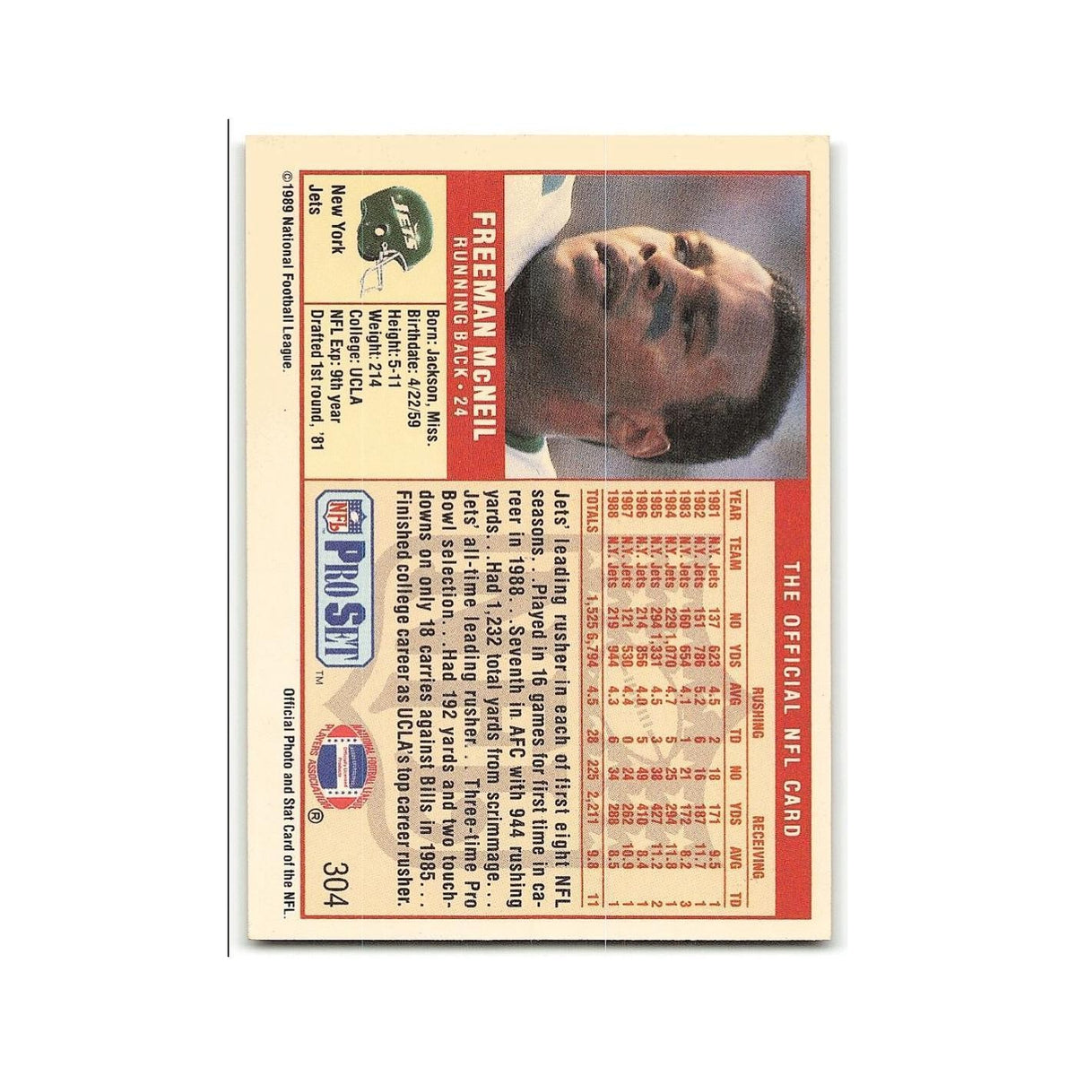 Freeman McNeil 1989 Pro Set #304 New York Jets Football Card NM