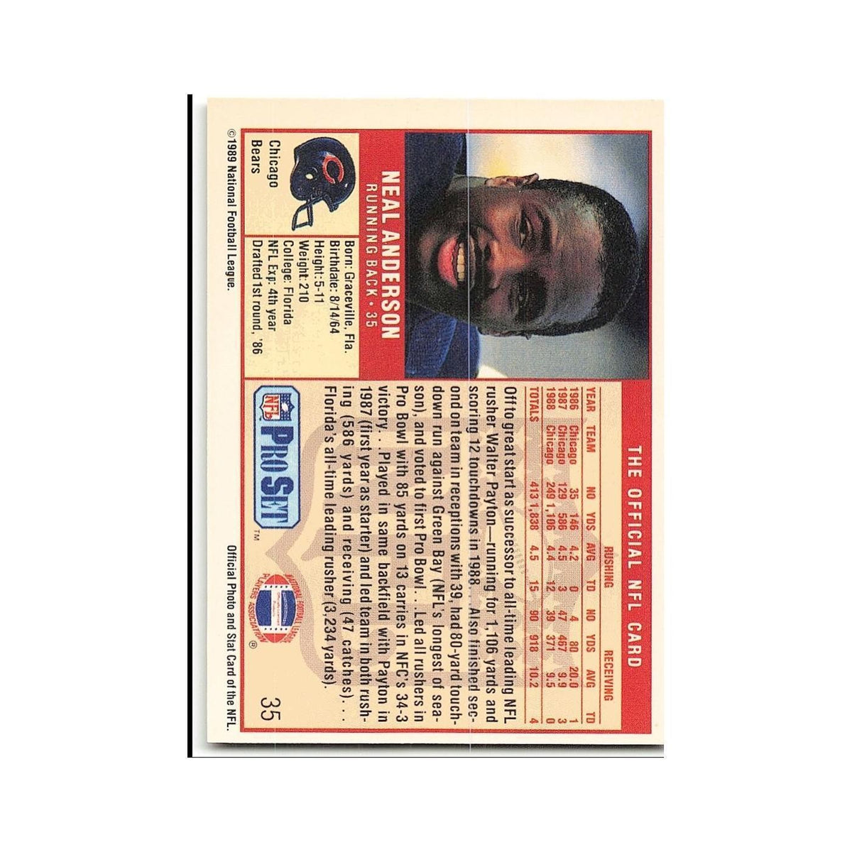 Neal Anderson 1989 Pro Set #35 Chicago Bears Football Card NM