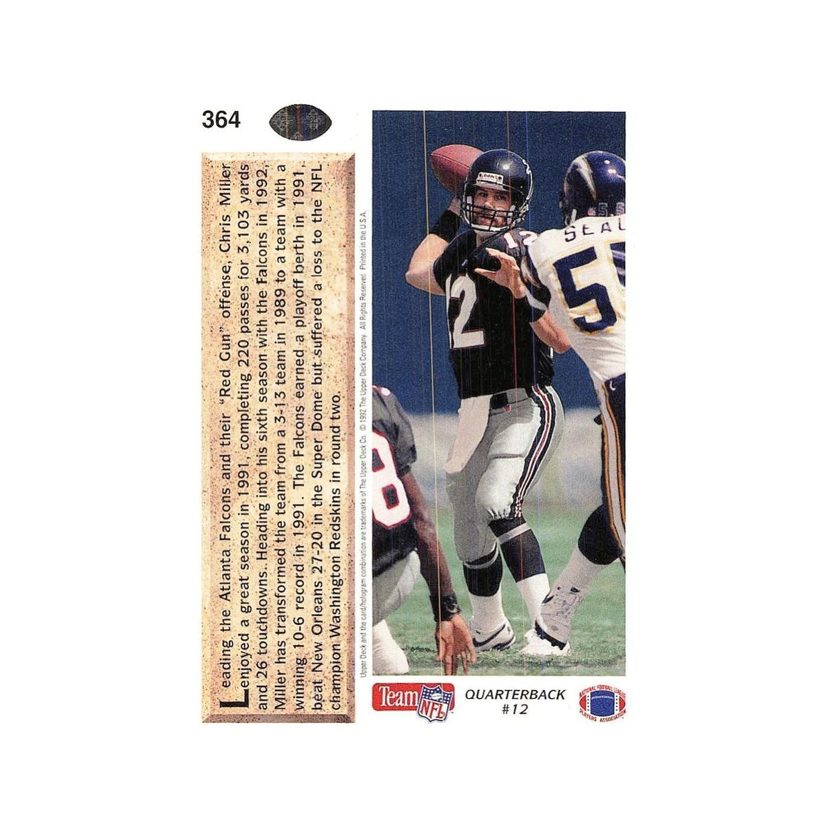 Chris Miller 1992 Upper Deck #364 Atlanta Falcons Football Card NM