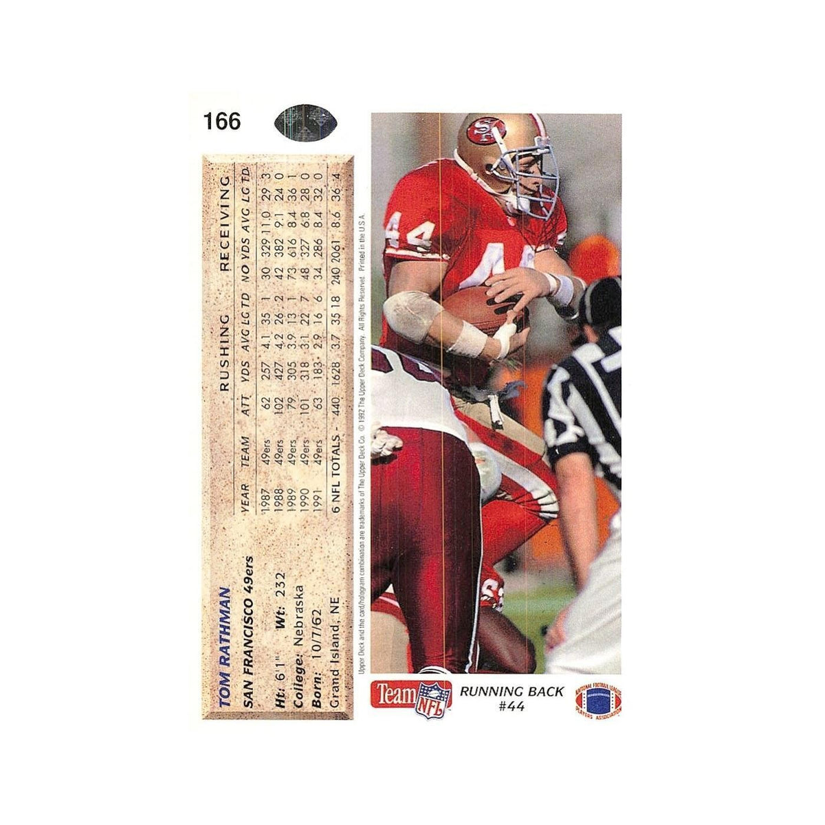 Tom Rathman 1992 Upper Deck #166 San Francisco 49ers Football Card NM