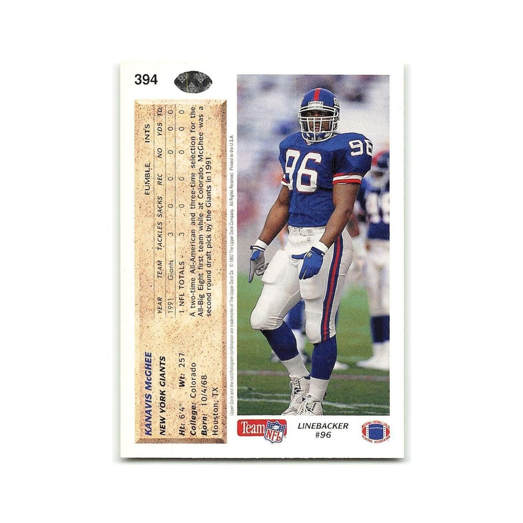 Kanavis McGhee 1992 Upper Deck #394 New York Giants Football Card NM