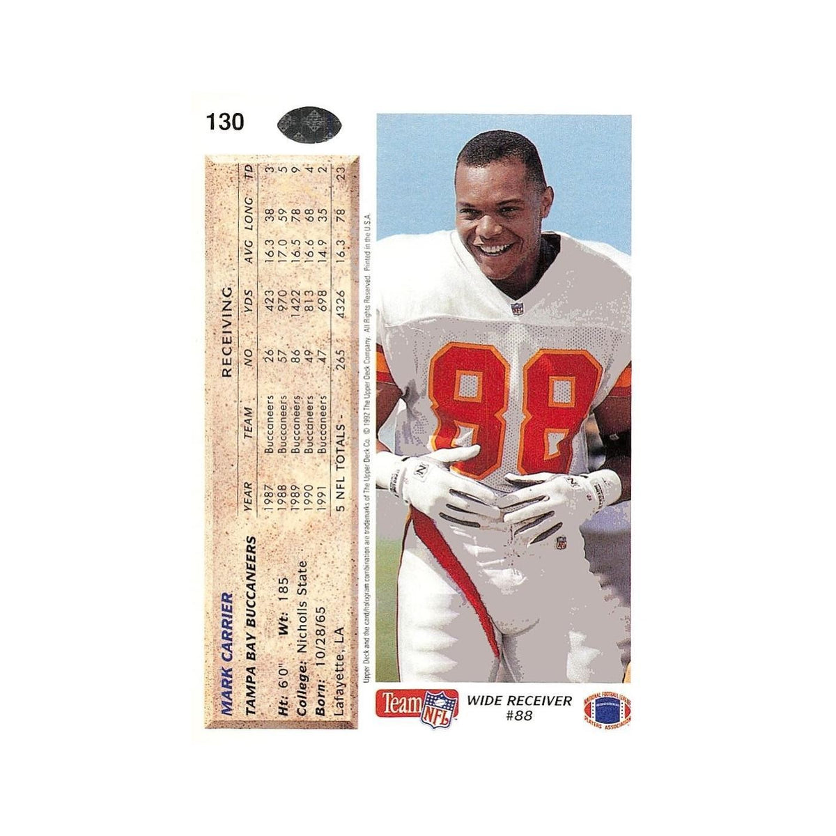 Mark Carrier 1992 Upper Deck #130 Tampa Bay Buccaneers Football Card NM