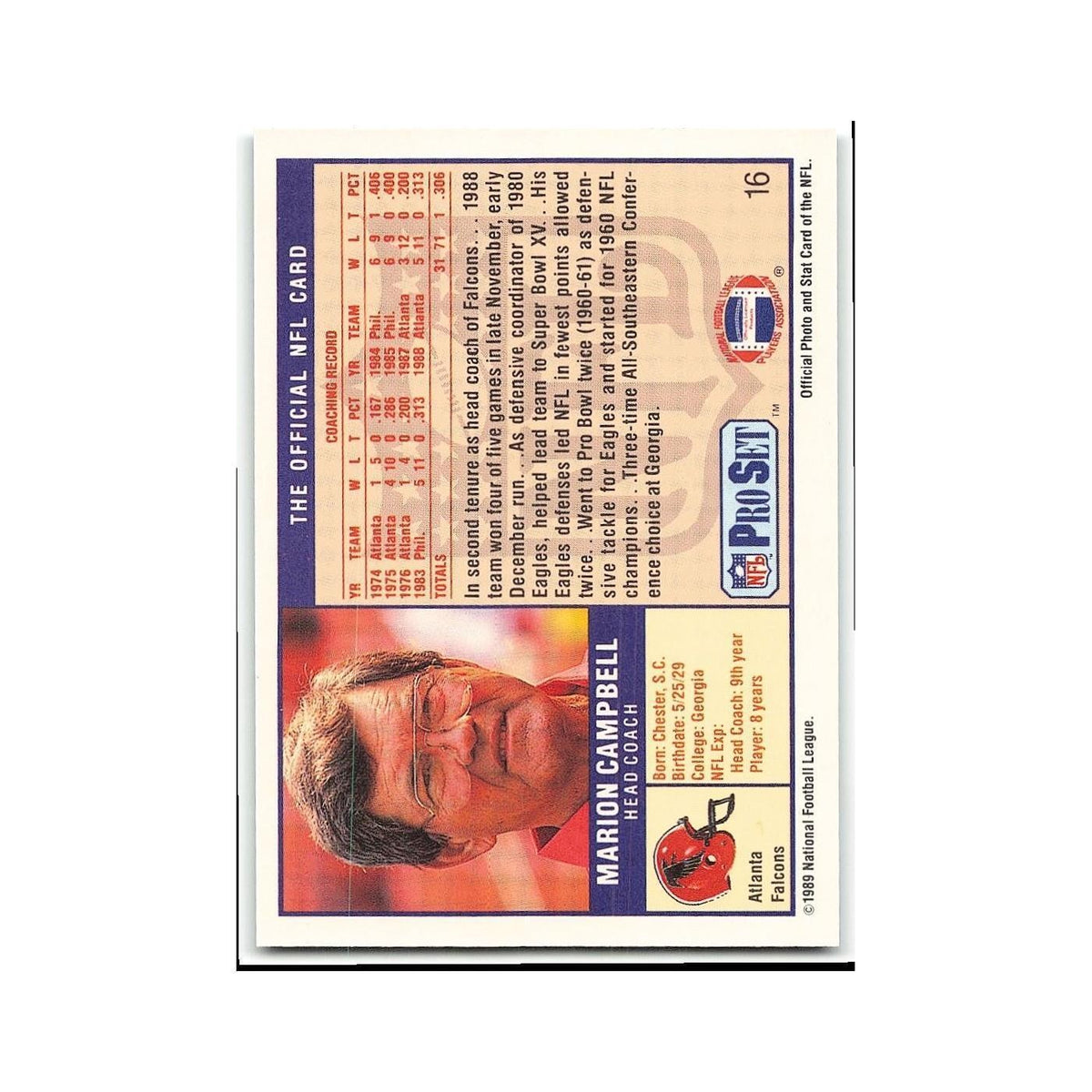 Marion Campbell 1989 Pro Set #16 Atlanta Falcons Football Card NM