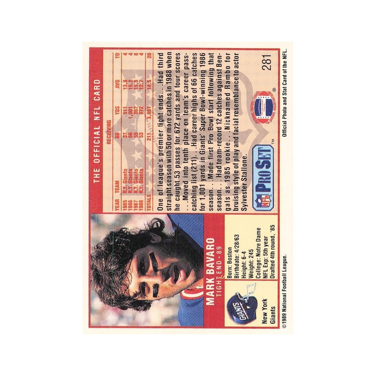 Mark Bavaro 1989 Pro Set #281 New York Giants Football Card NM