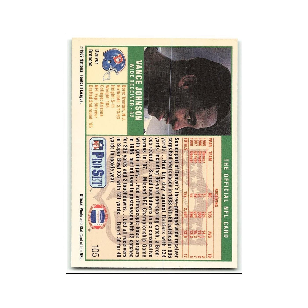 Vance Johnson 1989 Pro Set #105 Denver Broncos Football Card NM