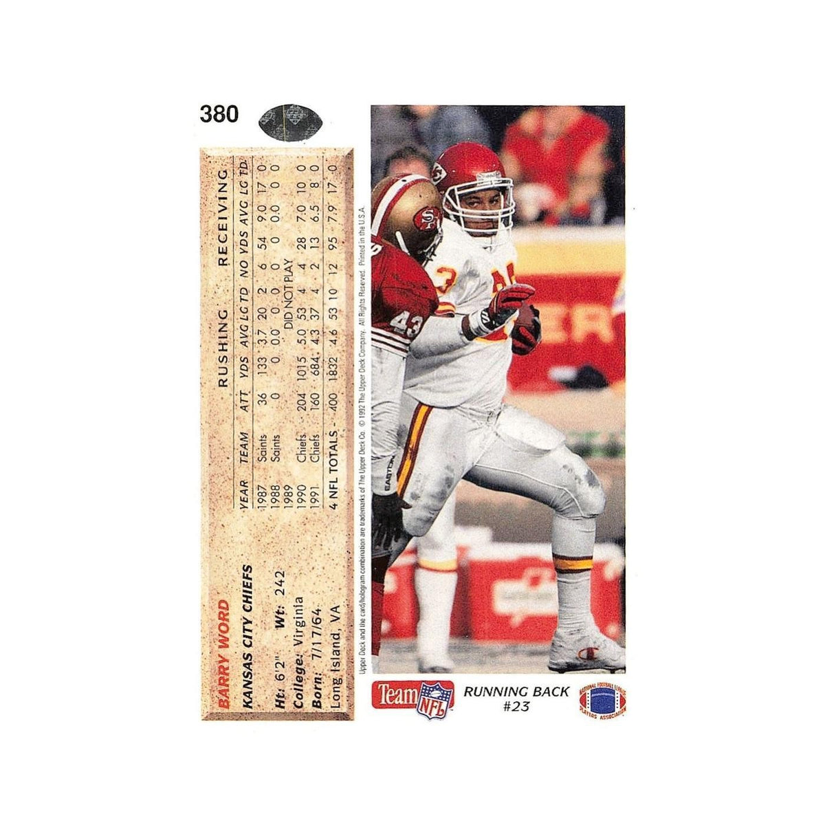 Barry Word 1992 Upper Deck #380 Kansas City Chiefs Football Card NM