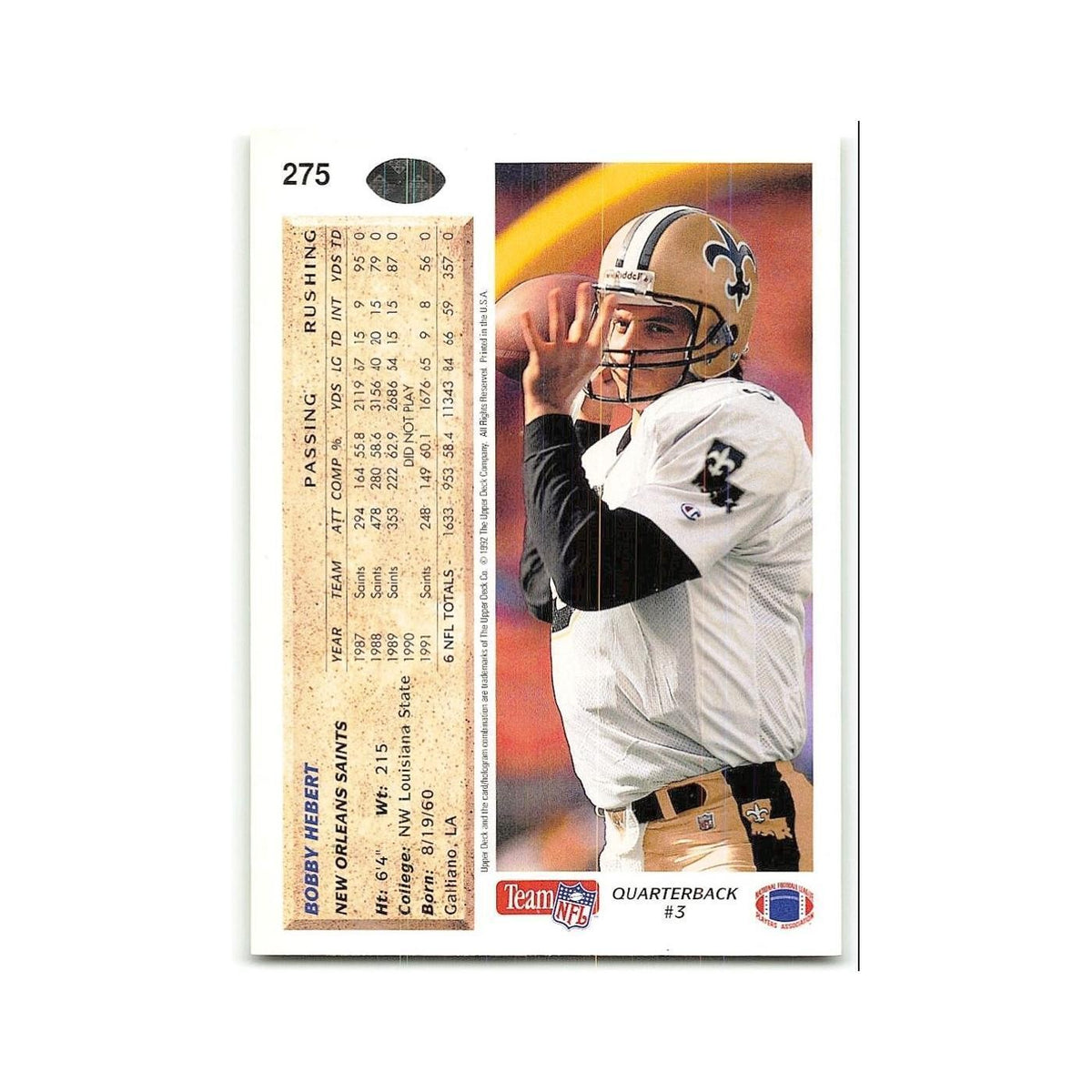 Bobby Hebert 1992 Upper Deck #275 New Orleans Saints Football Card NM