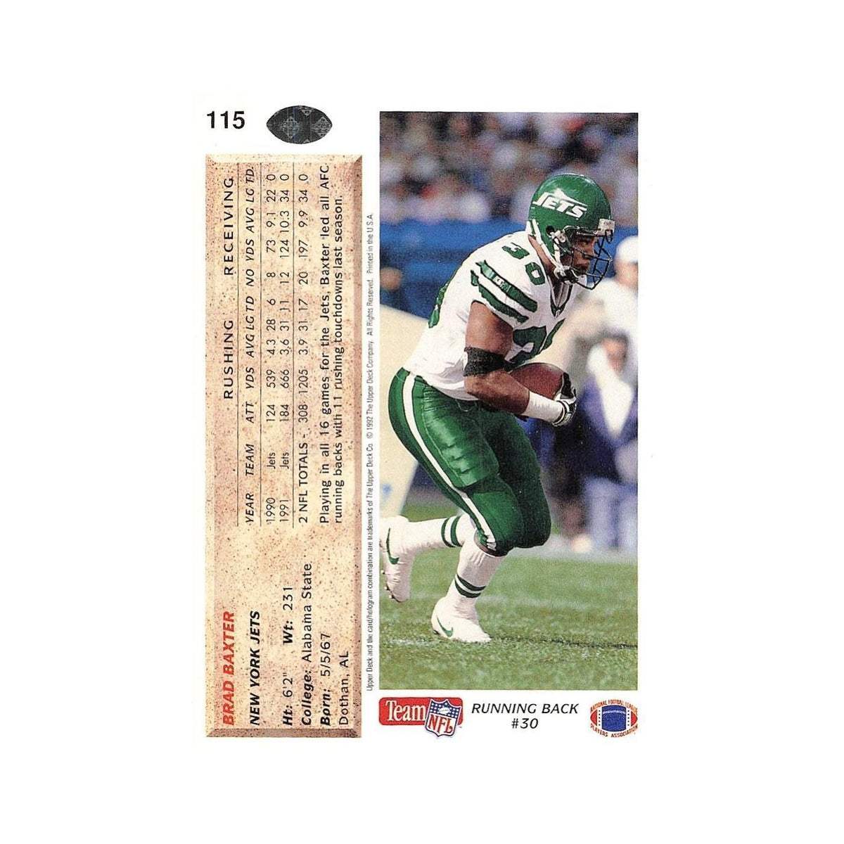 Brad Baxter 1992 Upper Deck #115 New York Jets Football Card NM