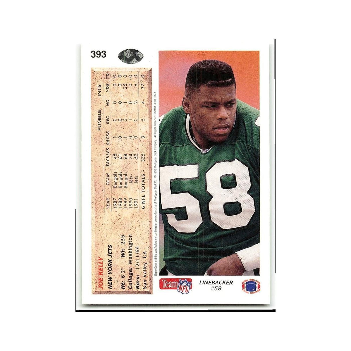 Joe Kelly 1992 Upper Deck #393 New York Jets Football Card NM