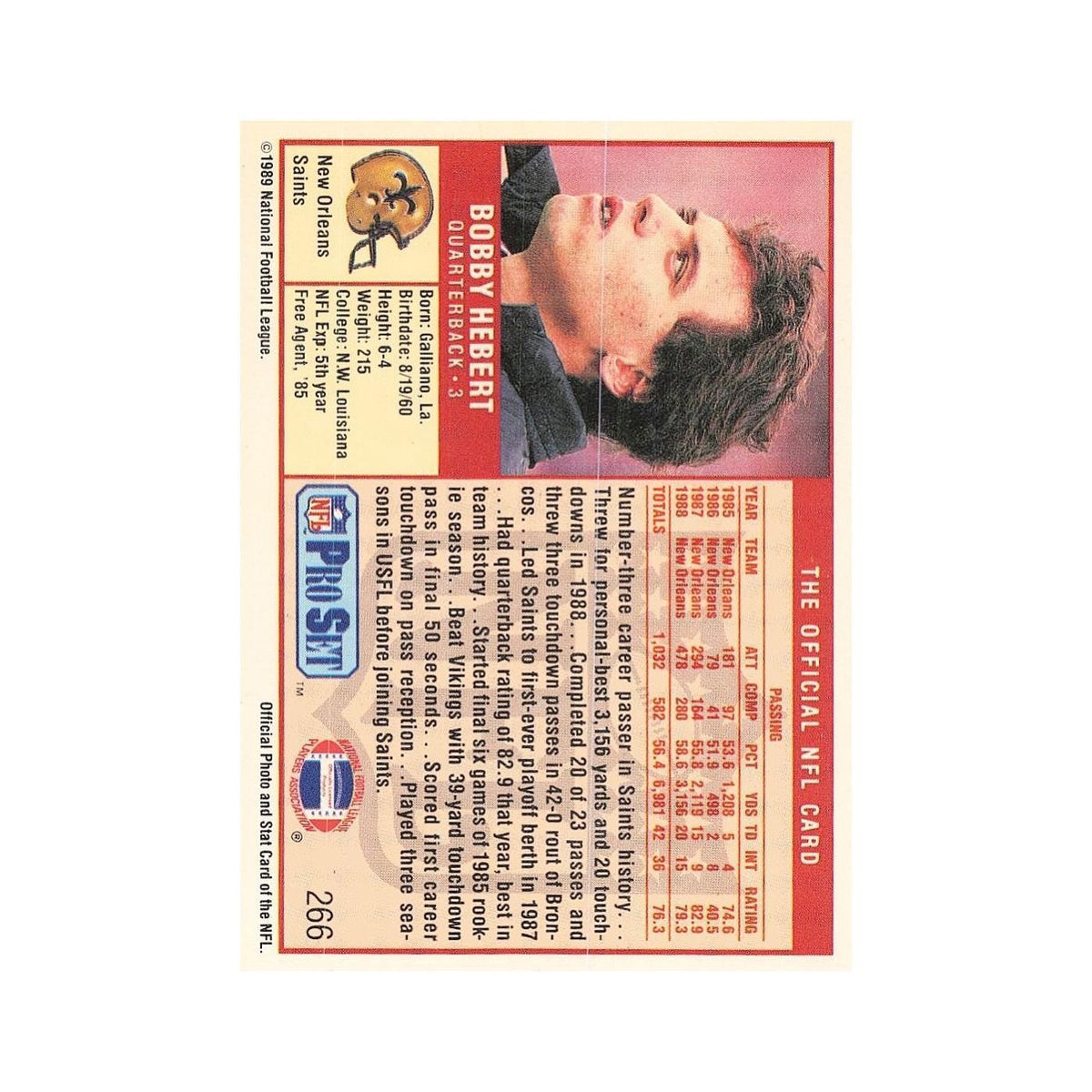 Bobby Hebert 1989 Pro Set #266A New Orleans Saints Football Card NM
