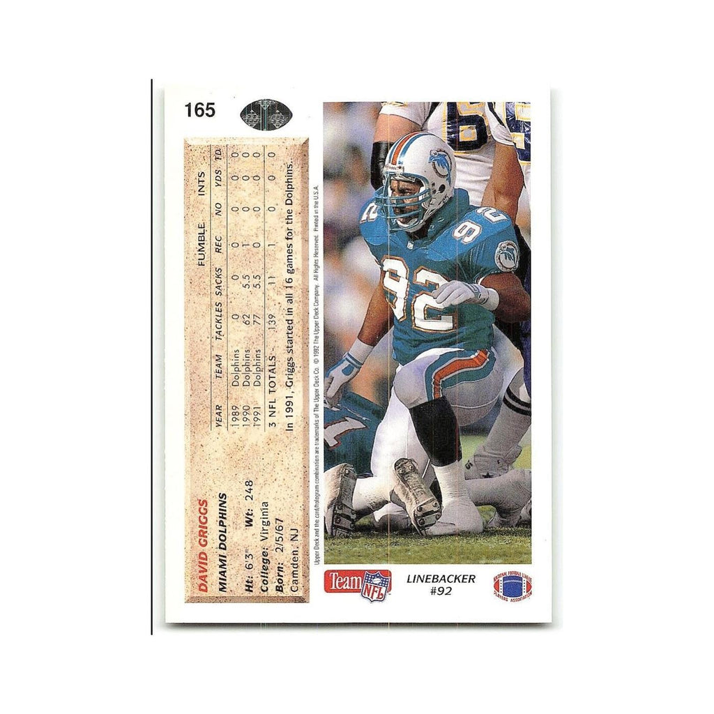 David Griggs 1992 Upper Deck #165 Miami Dolphins Football Card NM
