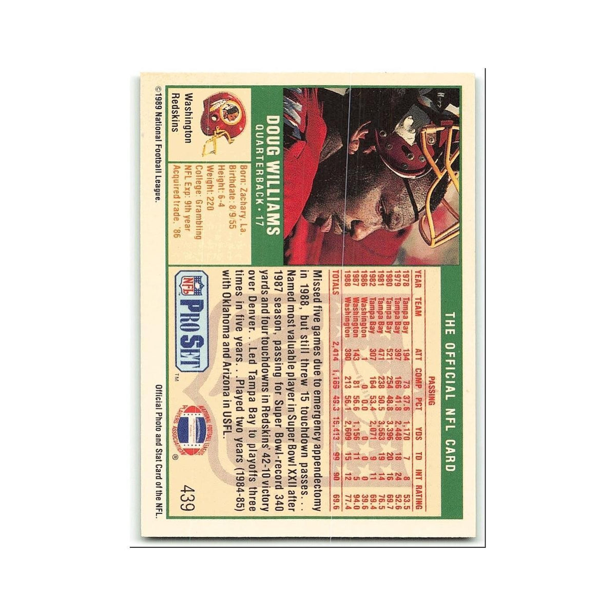 Doug Williams 1989 Pro Set #439 Washington Redskins Football Card NM