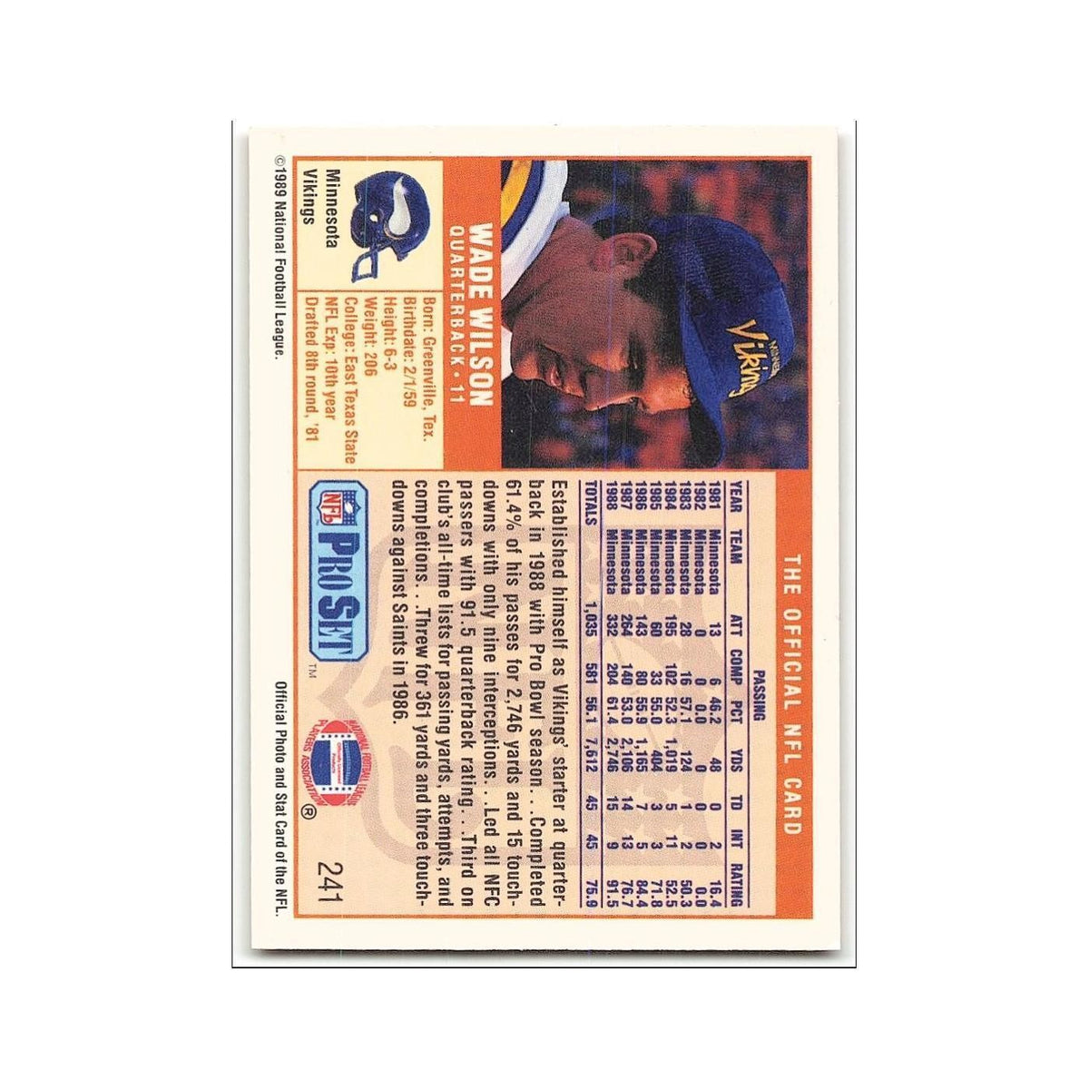 Wade Wilson 1989 Pro Set #241 Minnesota Vikings Football Card NM