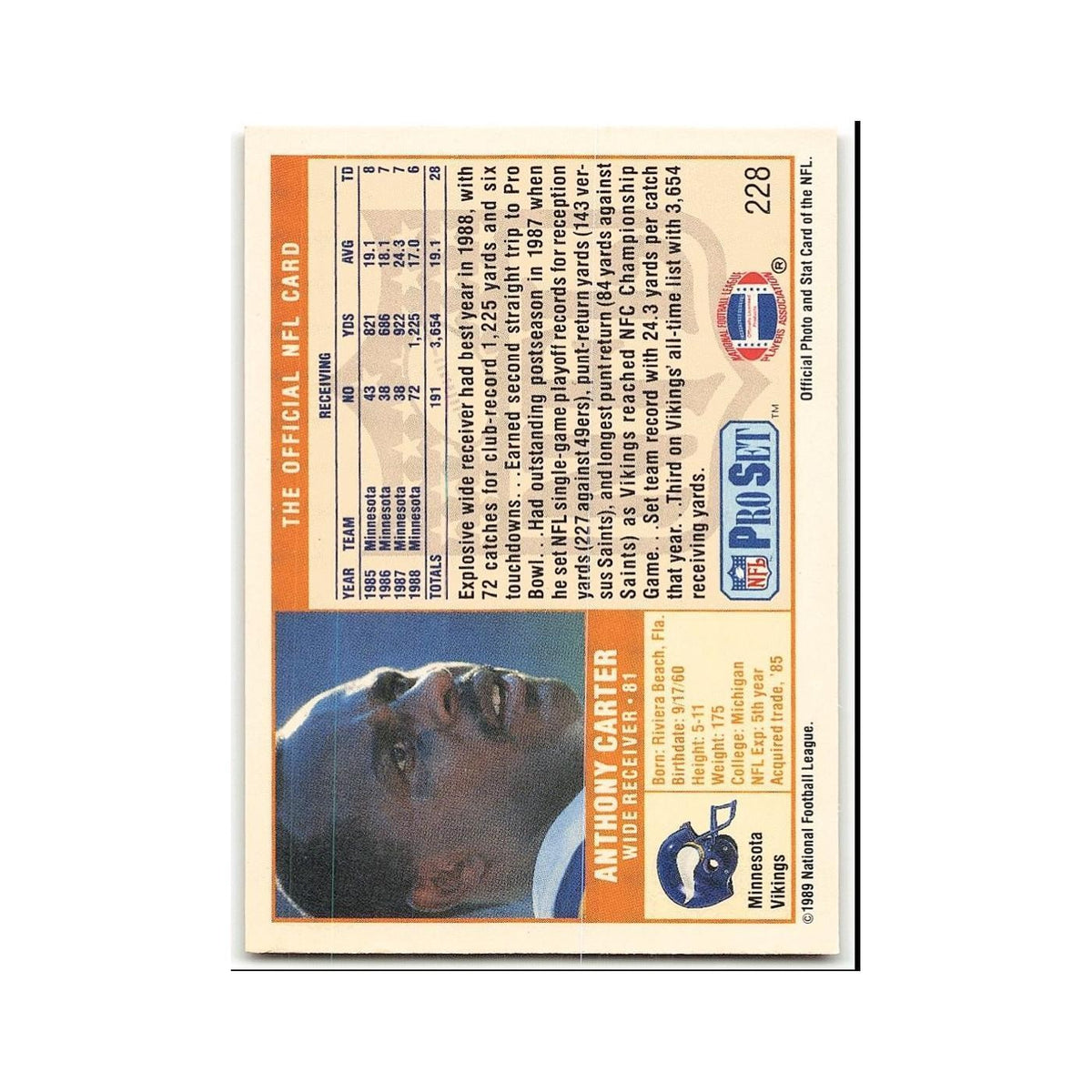 Anthony Carter 1989 Pro Set #228 Minnesota Vikings Football Card NM