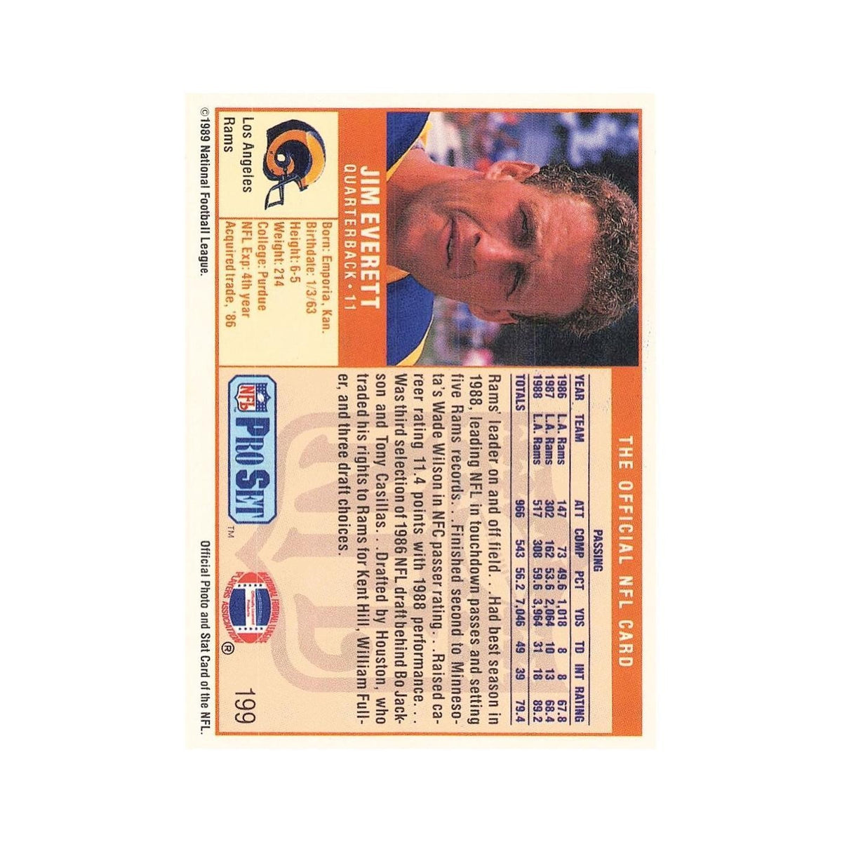 Jim Everett 1989 Pro Set #199 Los Angeles Rams Football Card NM
