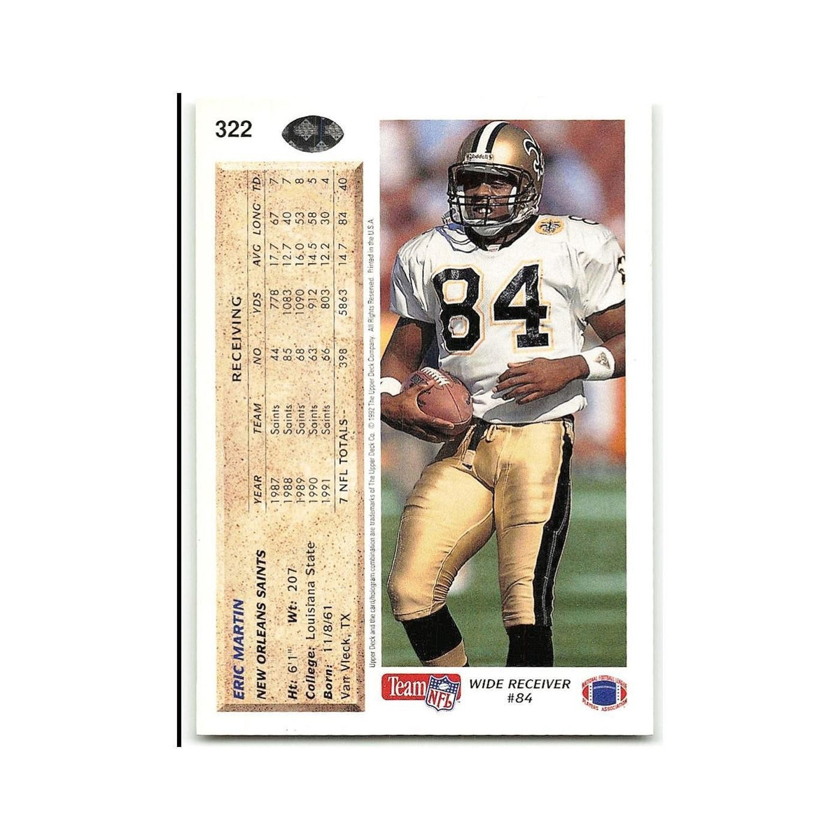 Eric Martin 1992 Upper Deck #322 New Orleans Saints Football Card NM