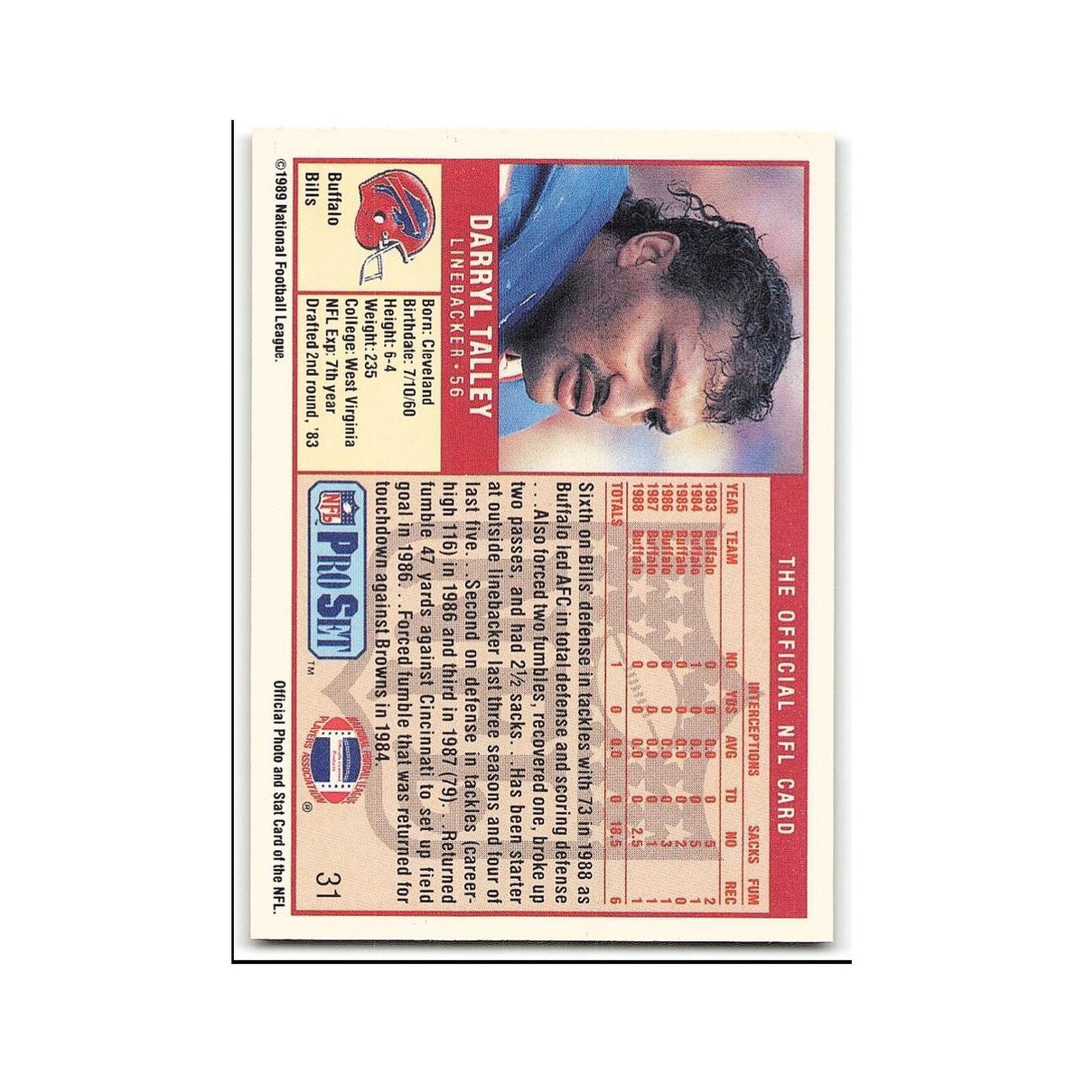 Darryl Talley 1989 Pro Set #31 Buffalo Bills Football Card NM
