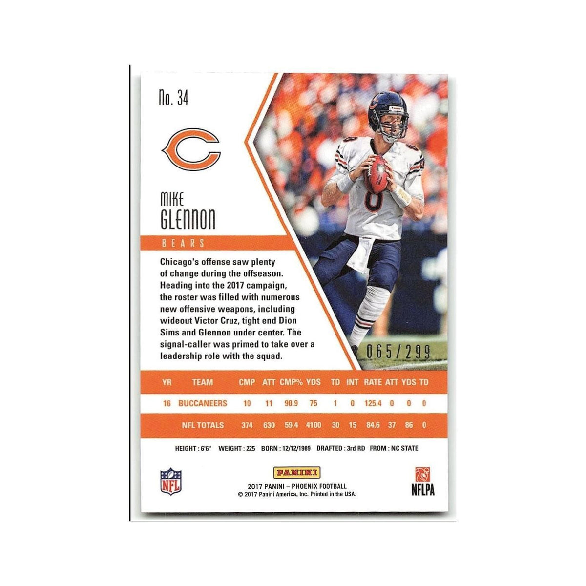 Mike Glennon #/299 2017 Panini Phoenix Red #34 Chicago Bears Football Card NM