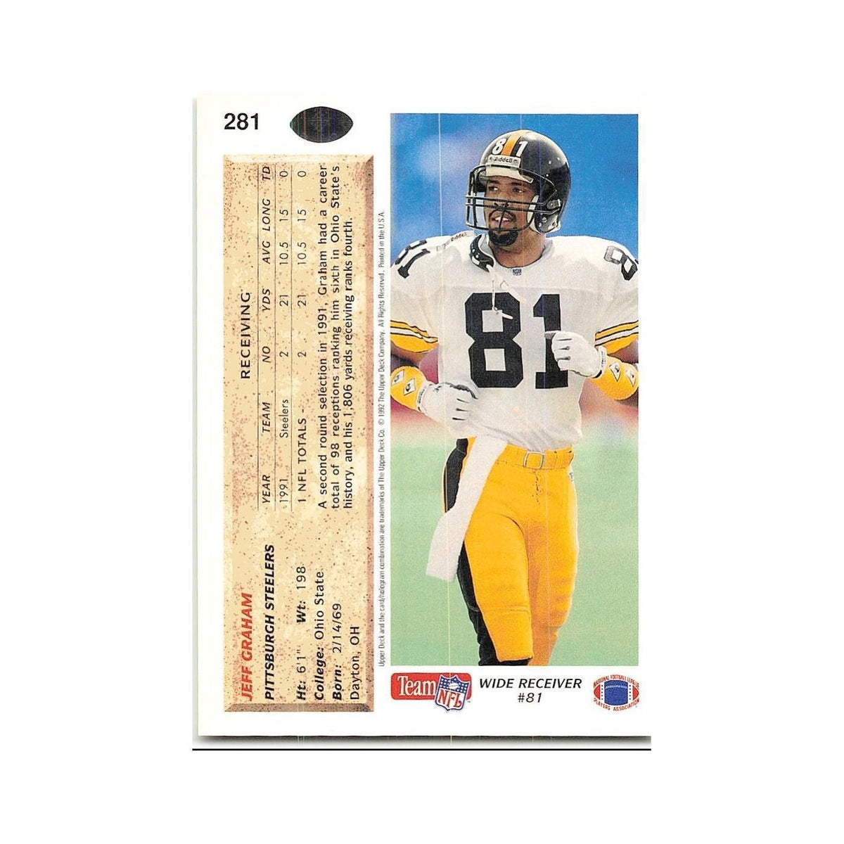 Jeff Graham 1992 Upper Deck #281 Pittsburgh Steelers Football Card NM