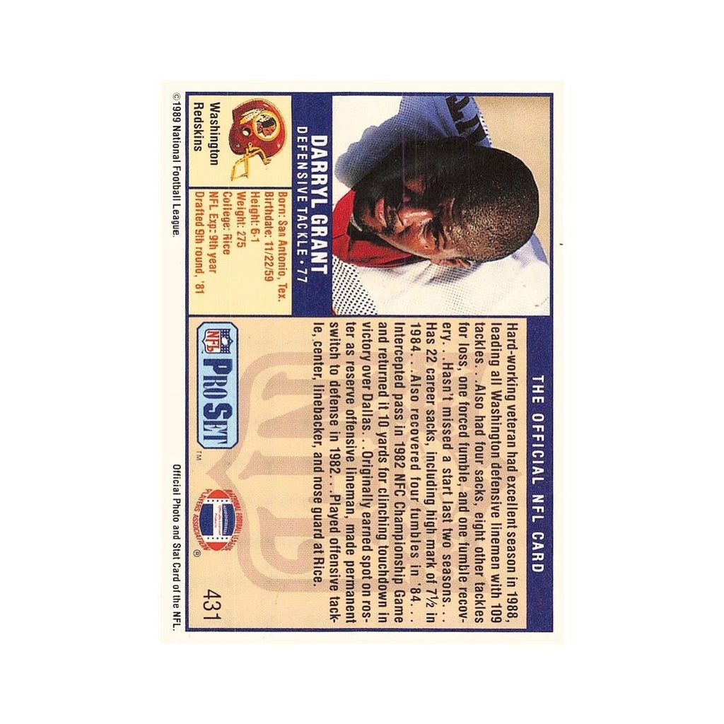 Darryl Grant Rookie 1989 Pro Set #431 Washington Redskins Football Card NM
